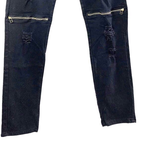 Womens Punk Ripped Jeans Size 27 Black Denim Destroyed Zippers Straight Hipster - Picture 2 of 9